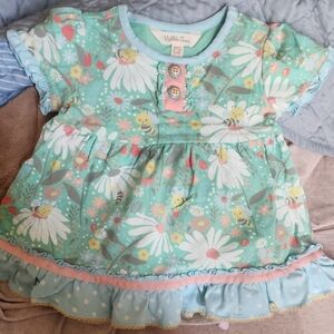 Sz 12-18 Months Matilda Jane Green Floral Bee Tunic Top with Peach Trim